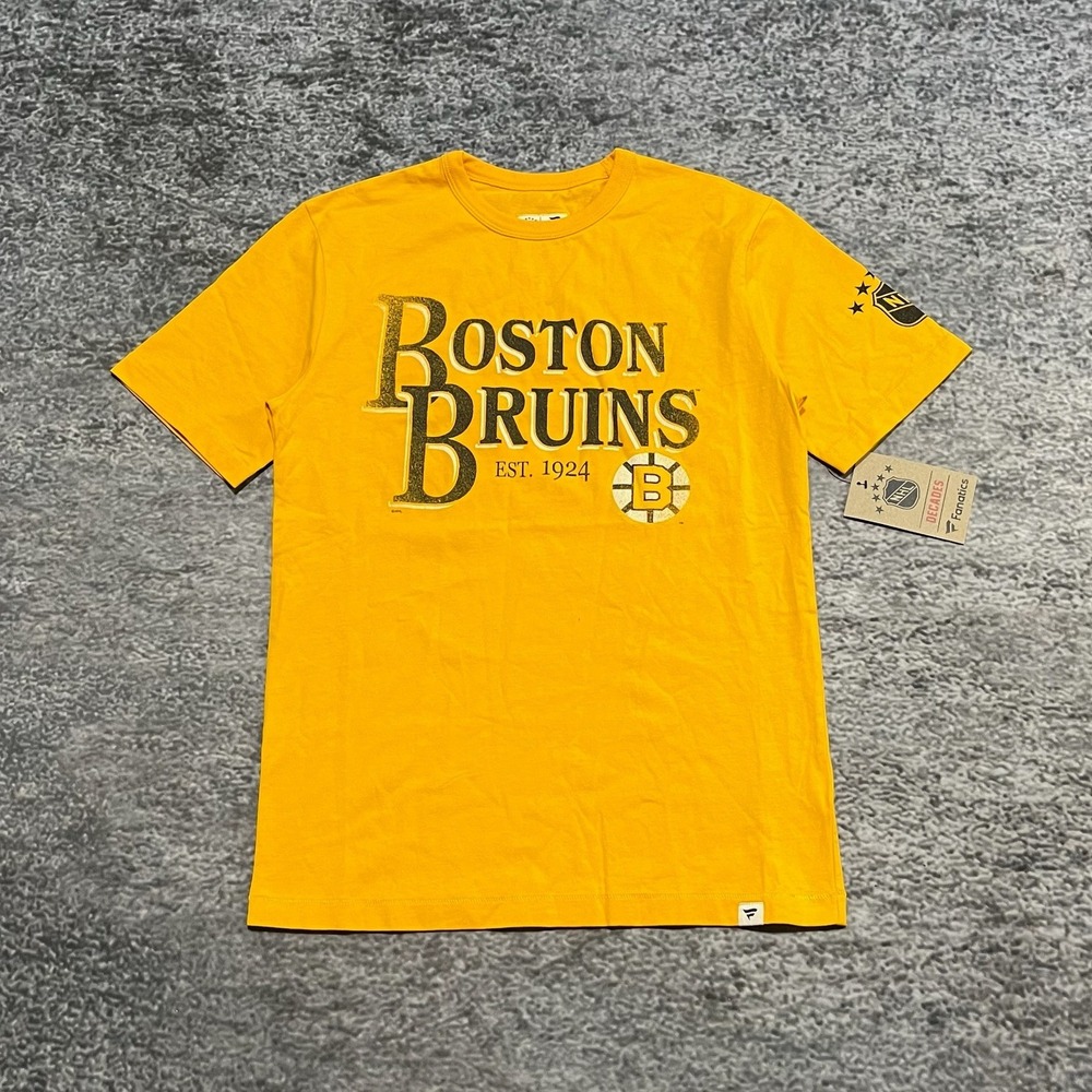NEW Fanatics Boston Bruins T Shirt Mnes Small Yellow NHL Graphic‎ Logo